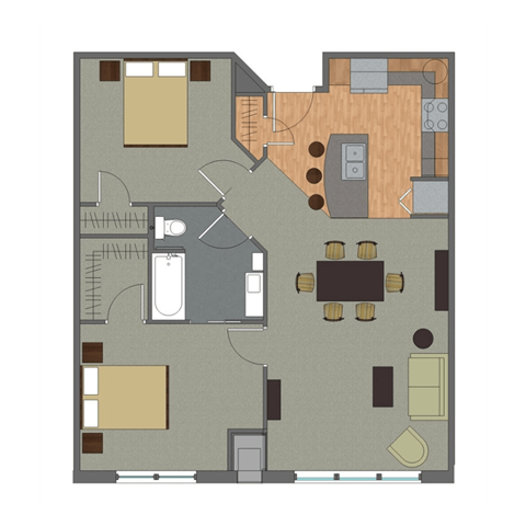 A floor plan of a house with a kitchen, living room, and dining area.
